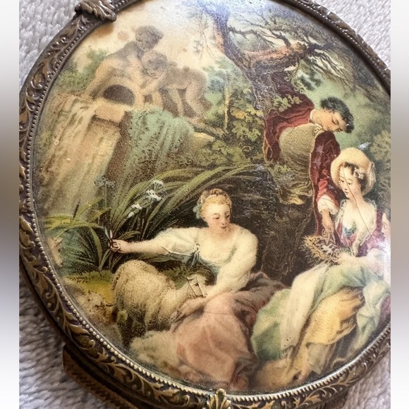 Vintage or Antique Victorian Portrait Art Gold-Tone Hand Mirror - Some Crazing - Picture 3 of 10